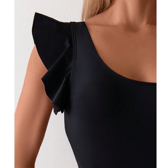 Plus One Shoulder Ruffle Sleeve Belted Monokini One Piece Swimsuit - Picture 12 of 15